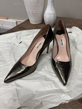 Miu Miu Metallic Charcoal Snakeskin Pointed-Toe Pumps